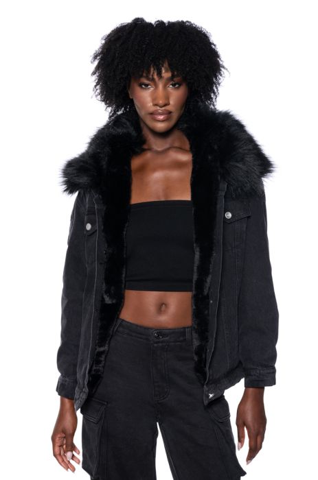 BLONDELLE OVERSIZED ROCKER DENIM JACKET WITH FAUX FUR LINING