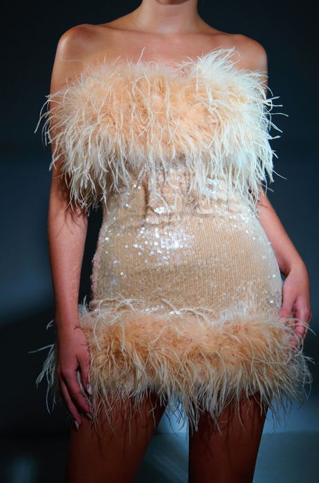 BON ANNIVERSAIRE FEATHER TRIM SEQUIN MINI DRESS IN BEIGE