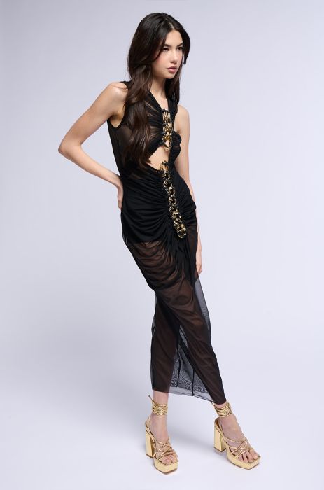 CANNES RUCHED MESH MAXI DRESS IN BLACK