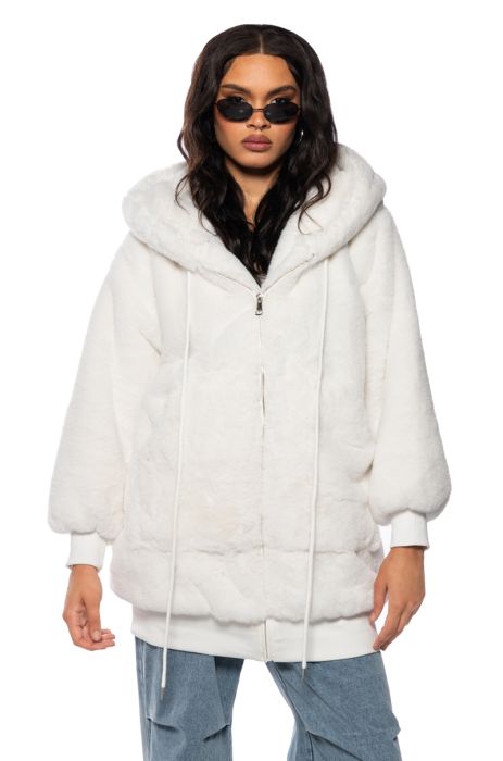 COZY UP FAUX FUR BOXY LONGLINE HOODIE in white