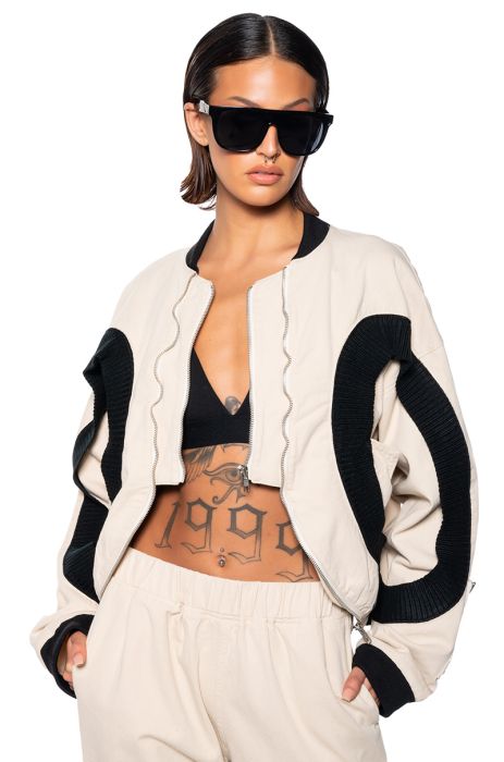 CURVE EFFECT RIBBED TRIM BEIGE BOMBER