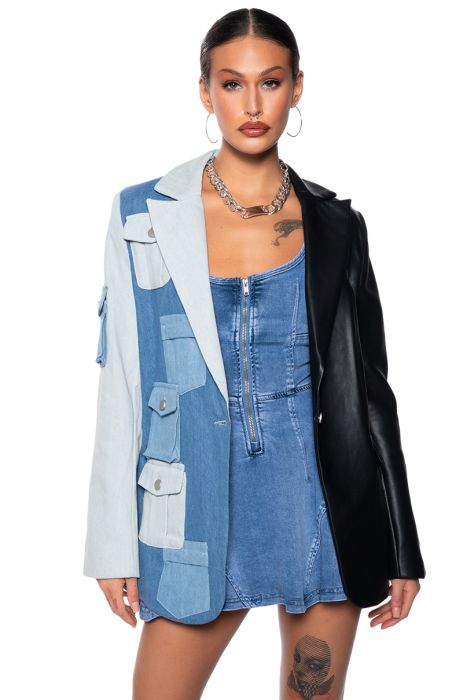 DO WHAT YOU DO HALF DENIM HALF PU BLAZER