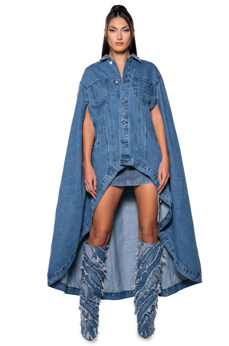 DON’T TALK LOUD MAXI DENIM PONCHO IN DENIM