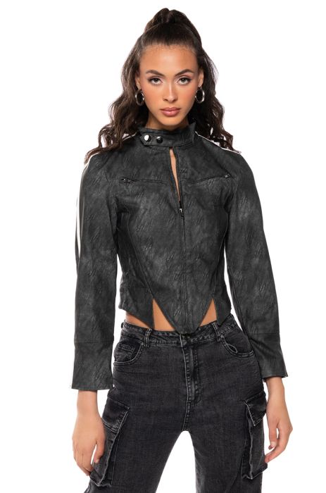 DYNASTY DISTRESSED PU RACING MOTO IN CHARCOAL GREY