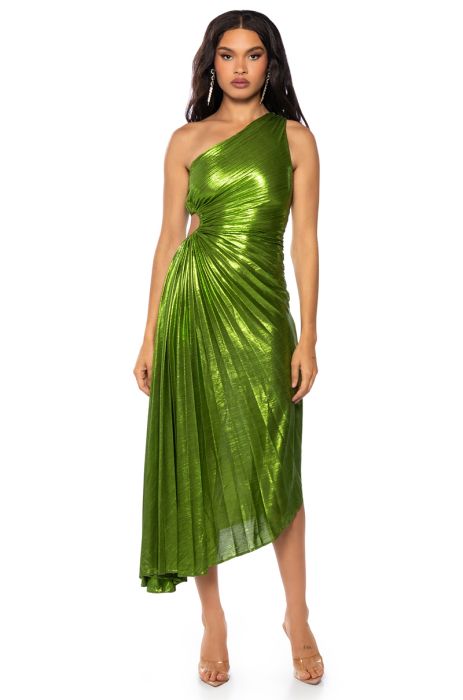 ELEVATE ME PLEATED CUT OUT METALLIC MIDI DRESS IN GREEN