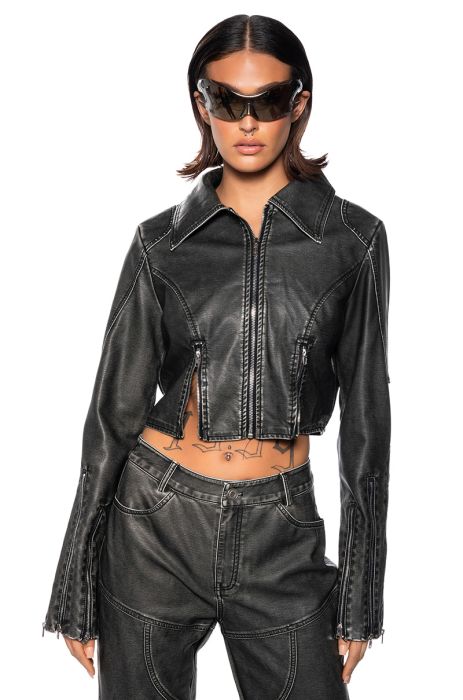 FAST LANE FAUX LEATHER MOTO JACKET IN GREY