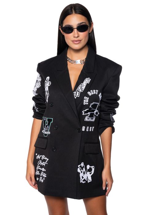 FIRST ROW CASUAL EMBROIDERED BLAZER WITH PATCHES in black