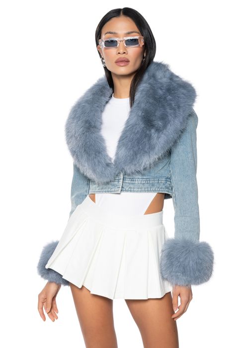 GISELE CROP DENIM JACKET WITH DETACHABLE FAUX FUR