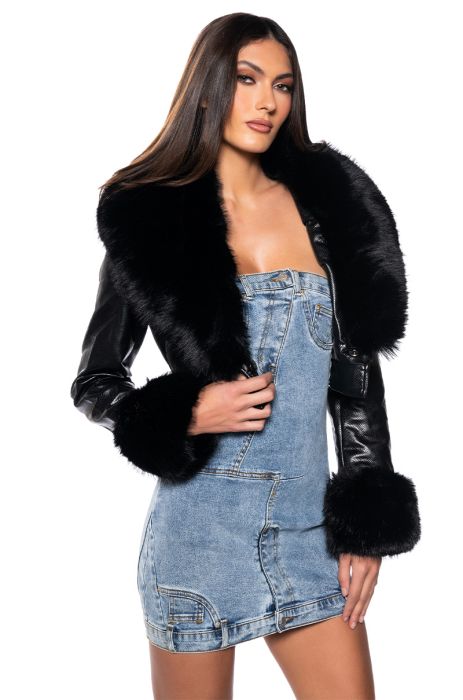 GISELE FAUX FUR CROP CROC MOTO JACKET IN BLACK