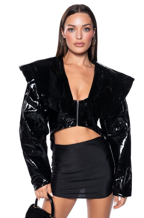 GLOSSY GAL FAUX PATENT LEATHER CROP MOTO in black