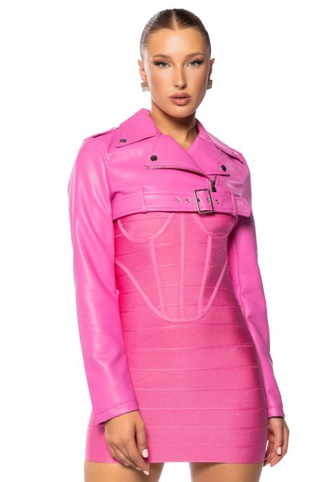 HALF MY HEART ULTRA CROPPED MOTO JACKET in pink