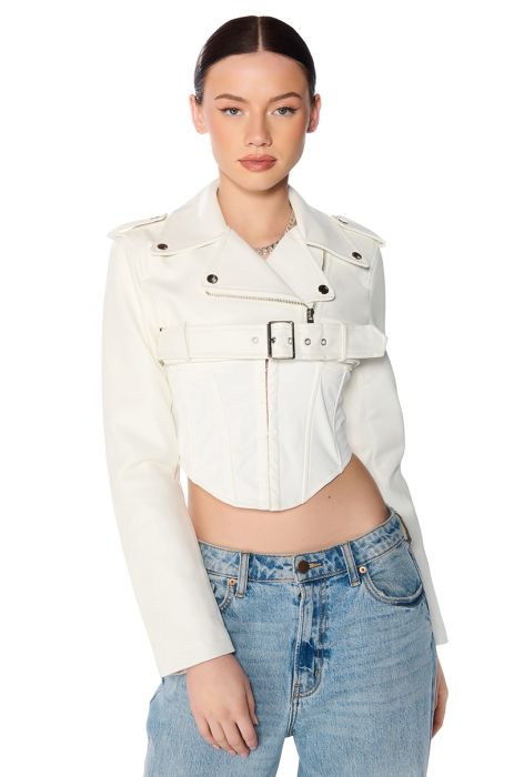 HALF MY HEART ULTRA CROPPED MOTO JACKET in white