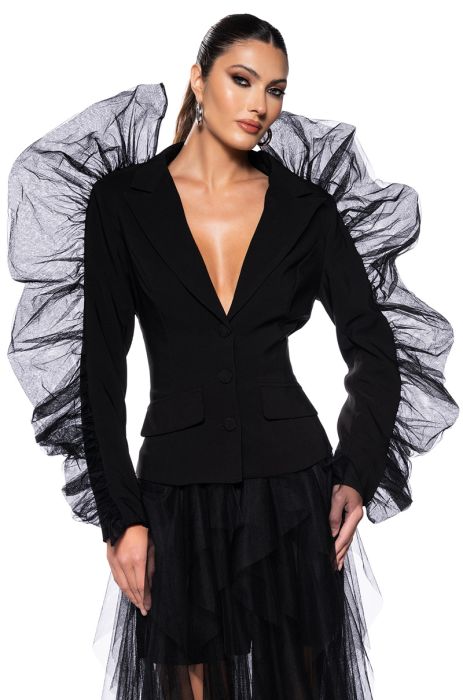 HOLIDAY CHEER TULLE EMBELLISHED BLAZER IN BLACK