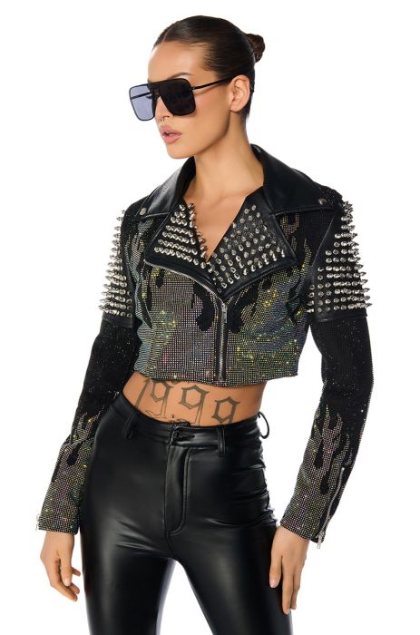 HOTFIX FLAME CROP MOTO JACKET IN BLACK MULTI