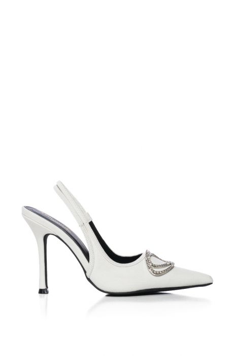 INTERLOCKING EMBELLISHED DENIM SLINGBACK STILETTO PUMP IN WHITE