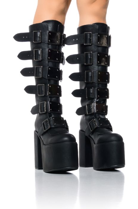 ITS FATE EMBELLISHED KNEE HIGH BUCKLE BOOT IN BLACK