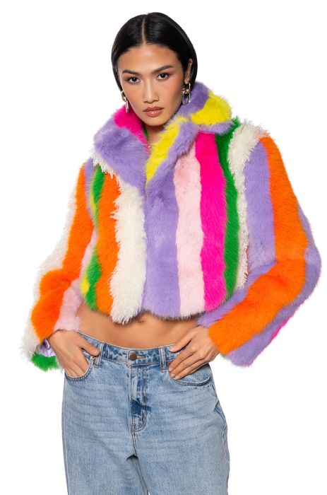 JAYLEY COLLECTION FAUX FUR STRIPE COAT in multi