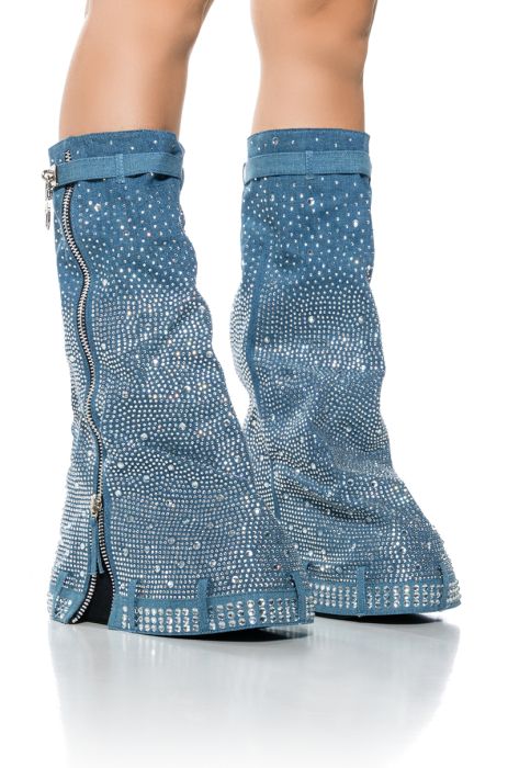 KASTEL FOLD OVER RHINESTONE EMBELLISHED PLATFORM BOOT IN DENIM