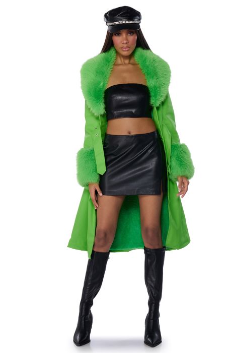 KAYA PU TRENCH WITH FAUX FUR LINING IN GREEN