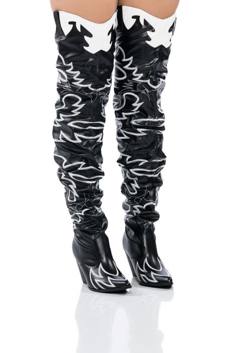 KELSEY OVER THE KNEE WESTERN BOOT IN BLACK WHITE