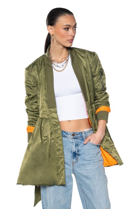 KIMMY PEPLUM BOMBER JACKET in olive