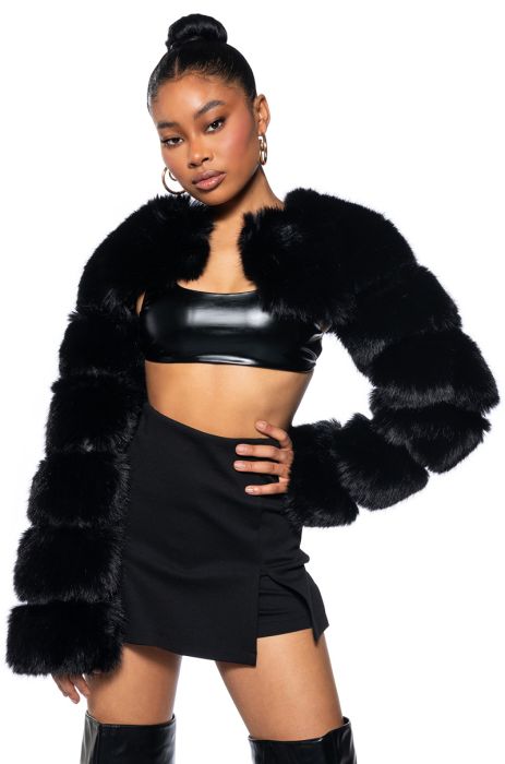 LADIES NIGHT ULTRA CROP FAUX FUR JACKET IN BLACK