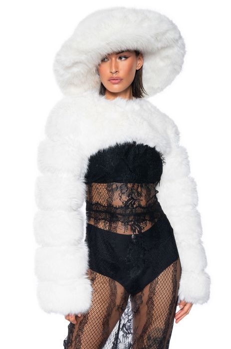 LADIES NIGHT ULTRA CROP FAUX FUR JACKET IN WHITE