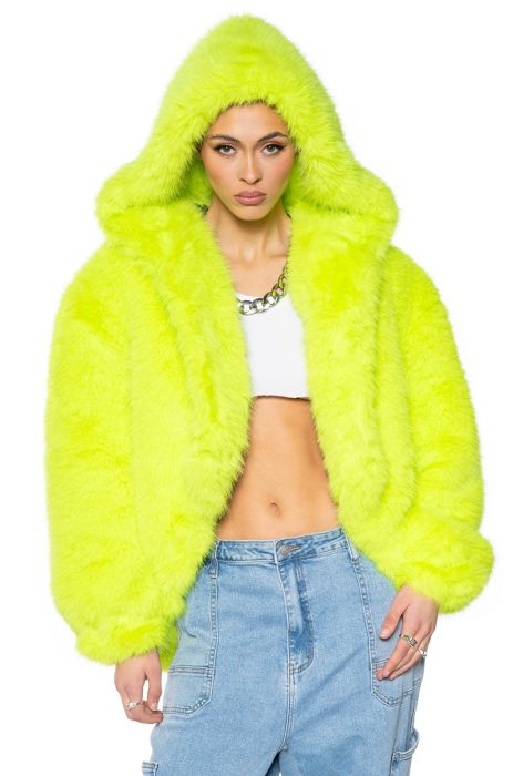 LANA HOODED FAUX FUR COAT IN LIME