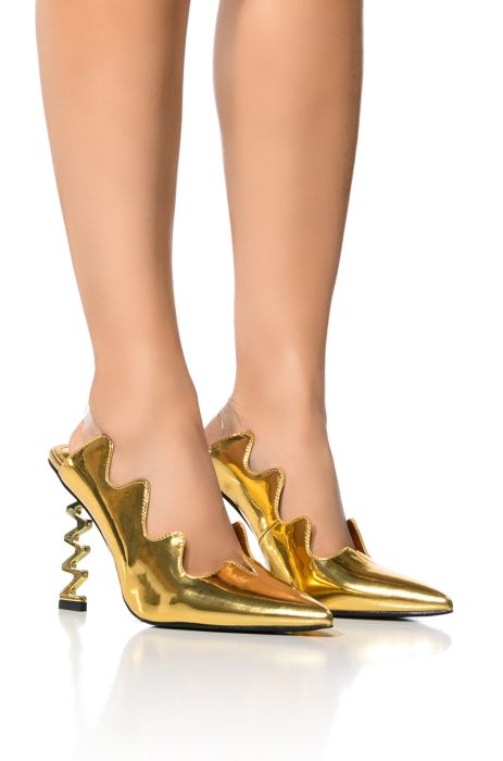 LIGHTNING STRIKE METALLIC SQUIGGLE HEEL PUMP IN GOLD