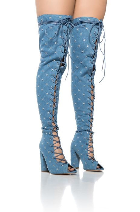 LIVING LEGEND LACE UP OPEN TOE THIGH HIGH BOOT IN DENIM