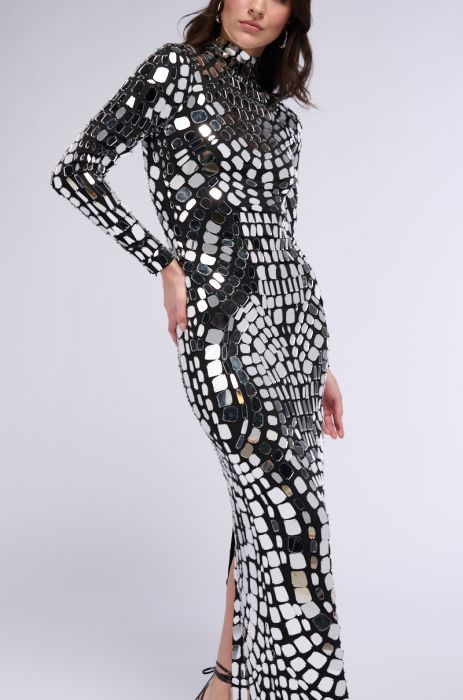 MIRROR MIRROR EMBELLISHED LONG SLEEVE MAXI DRESS