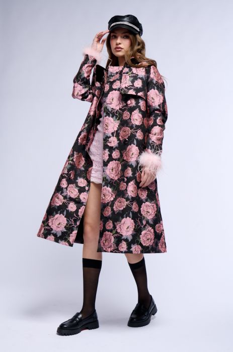 MOMMA IS ALWAYS RIGHT FLORAL TRENCH WITH FEATHERS IN PINK MULTI