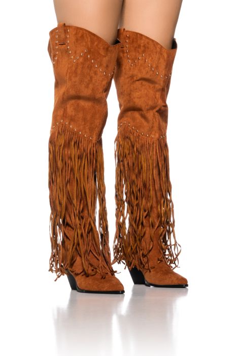 MONTANA THIGH HIGH SUEDE FRINGE WESTERN BOOT IN CAMEL