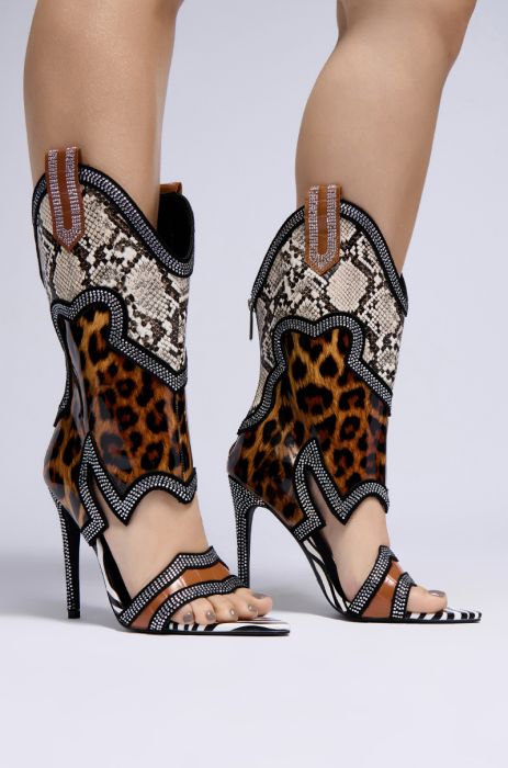 NAYAYE ANIMAL PRINT WESTERN OPEN TOE STILETTO BOOTIE