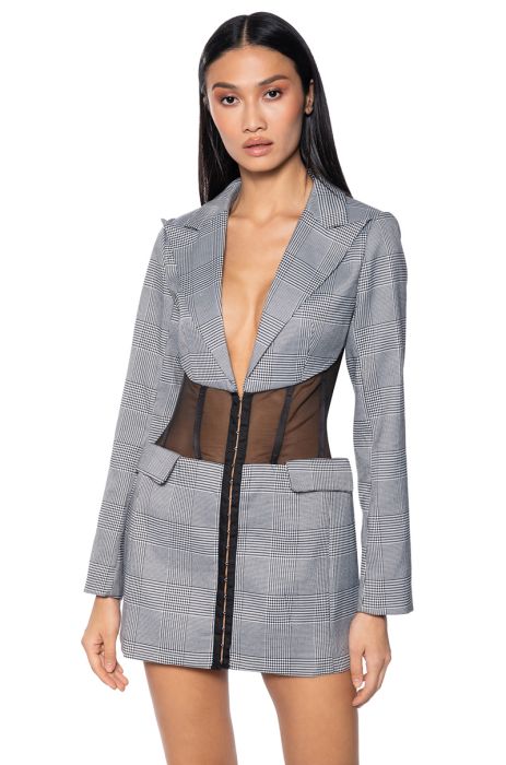 NEMY PLAID CORSET BLAZER DRESS in grey