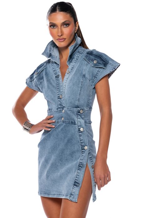 NEVER TOO MUCH DENIM MINI DRESS in MEDIUM BLUE DENIM