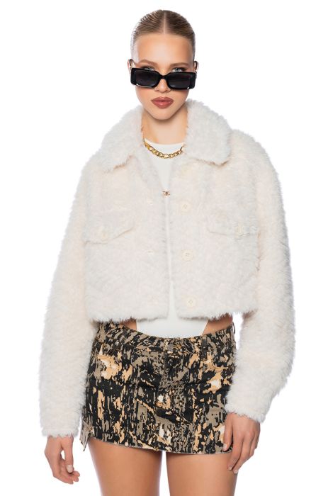 NO NONSENSE CROPPED FUR SHACKET IN WHITE