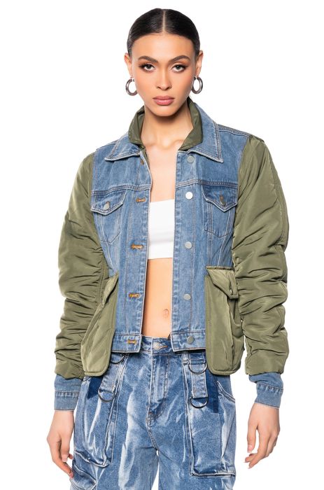 AZALEA WANG TRAILBLAZER DENIM HYBRID BOMBER JACKET IN DENIM