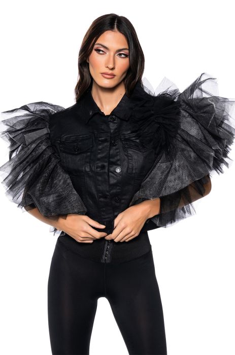 ON REPEAT TULLE SHOULDER VEST IN BLACK PU IN BLACK