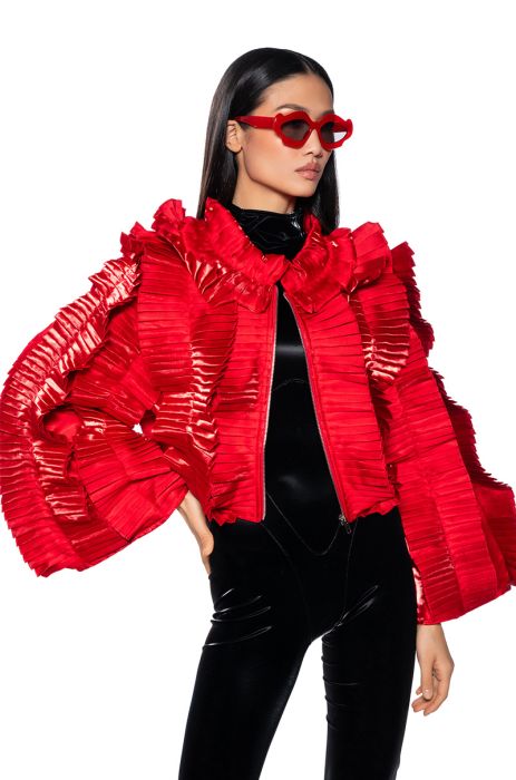 ONE NIGHT PLEATED RUFFLE BOMBER in red