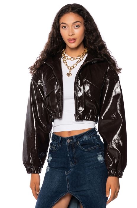 PATENT BROWN CROP BOMBER JACKET IN BROWN