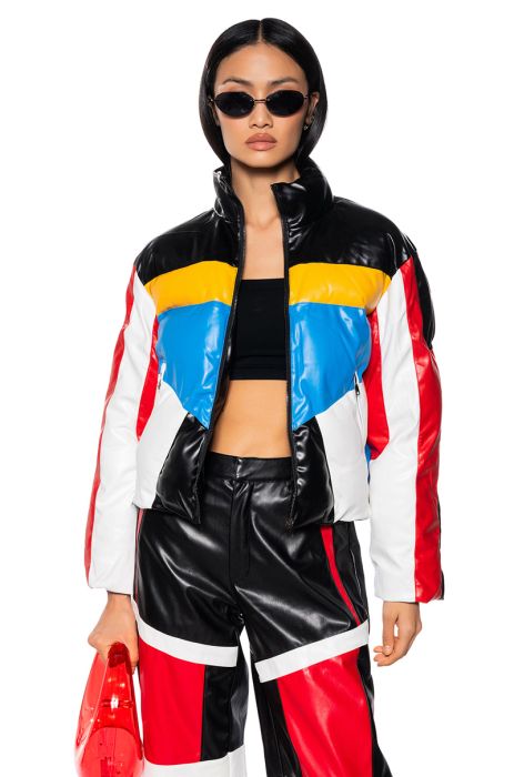 PRIM FAUX LEATHER RACING PUFFER in multi