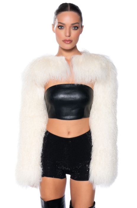 REAL MONGOLIAN FUR BOLERO JACKET in white