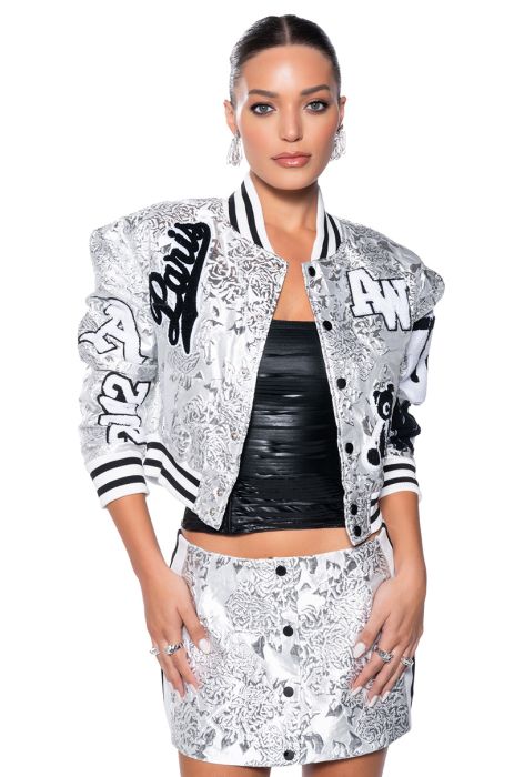 REELA SILVER BROCADE BOMBER JACKET in silver