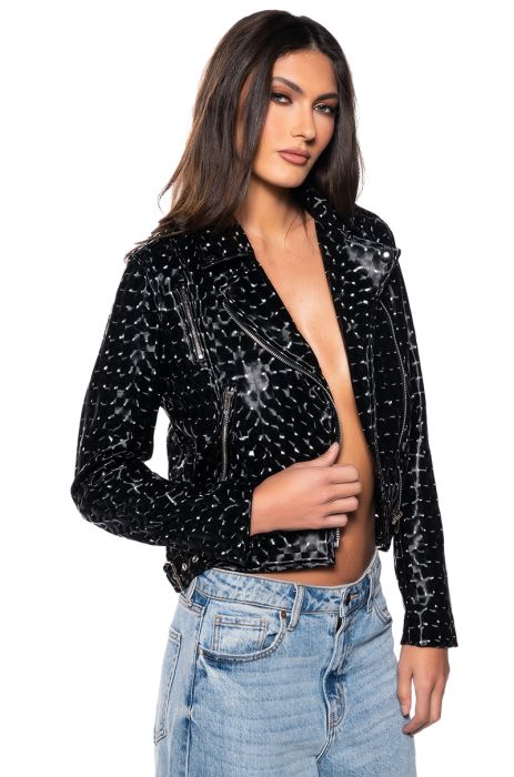 RIO HOLOGRAPHIC PU MOTO JACKET IN BLACK