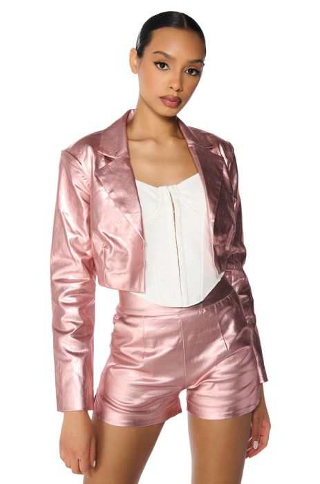 ROMY METALLIC CROP BLAZER IN ROSE GOLD