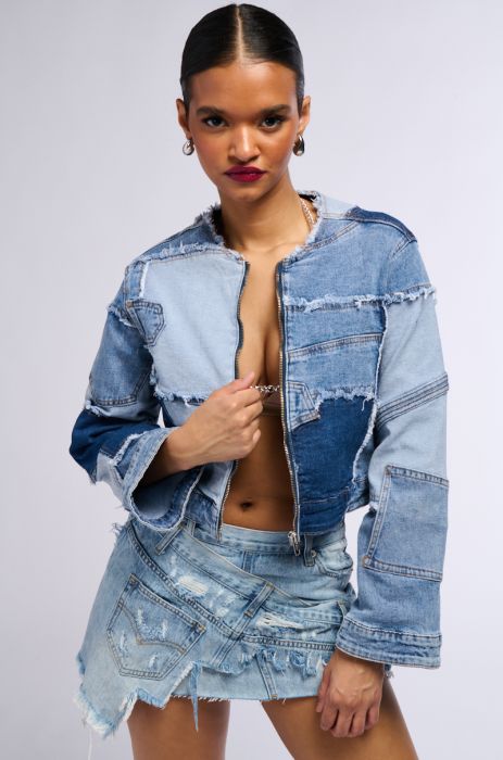 RUMOR HAS IT PATCHWORK DENIM BOMBER