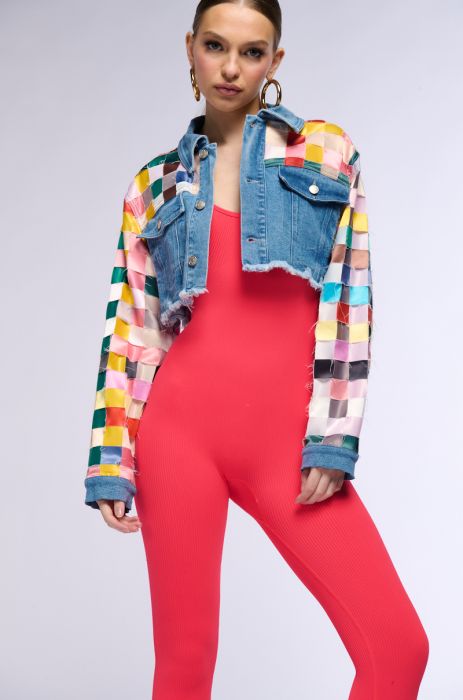 SATIN CHECKERED WEAVE CROP DENIM JACKET