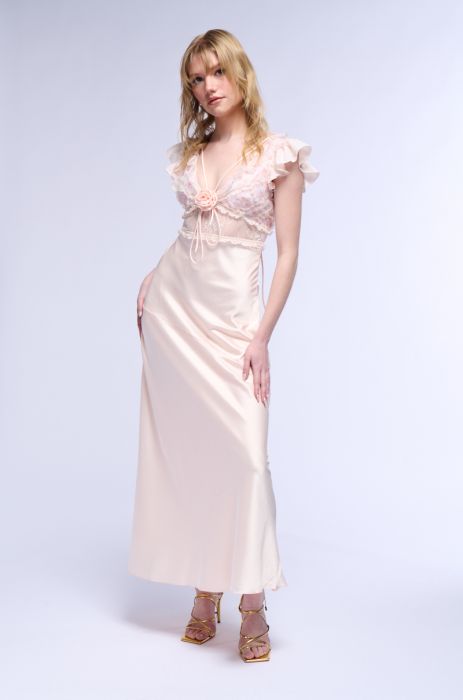 SAVING MYSELF FLOWER APPLIQUE LACE DETAIL SATIN MAXI DRESS