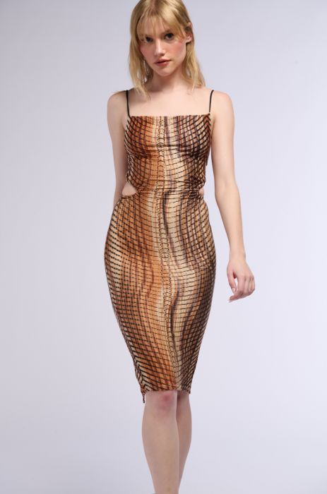 SECRET AFFAIR COWL NECK MIDI DRESS IN BROWN MULTI